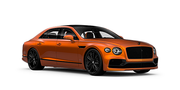 Bentley Lyon Bentley Flying Spur Speed front side angled view in Orange Flame coloured exterior. 