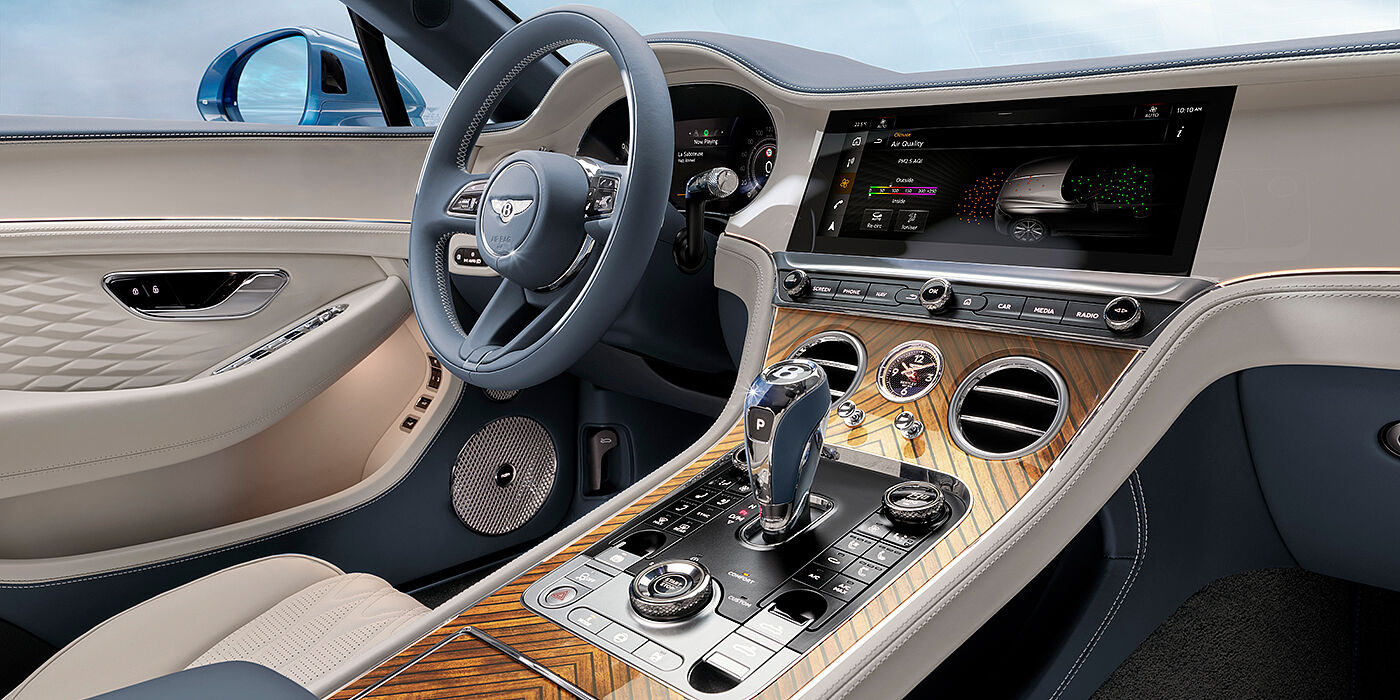 Bentley Lyon New Bentley Continental GTC Azure convertible interior front cabin view with Linen and Brunel hides and Piano Linen by Mulliner veneer featuring centre console and centre MMI screen