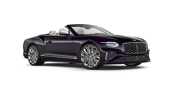 Bentley Lyon Bentley New Continental GTC Mulliner convertible front three quarter view in Damson paint with 22 inch Mulliner painted and polished wheel